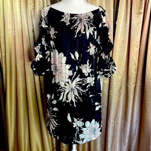 navy blue flower puff sleeve dress